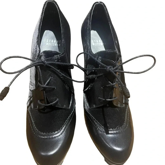 Stuart Weitzman Shoes - EUC Stuart Weitzman black leather and velvet bootie lace-up heels. Size 9.